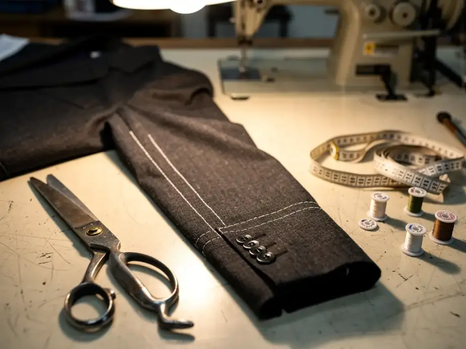 A suit jacket sleeve marked in tailor's chalk beside steel shears, a tape measure and thread