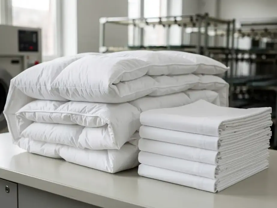 A cleaned white down comforter folded high beside pressed white pillowcases