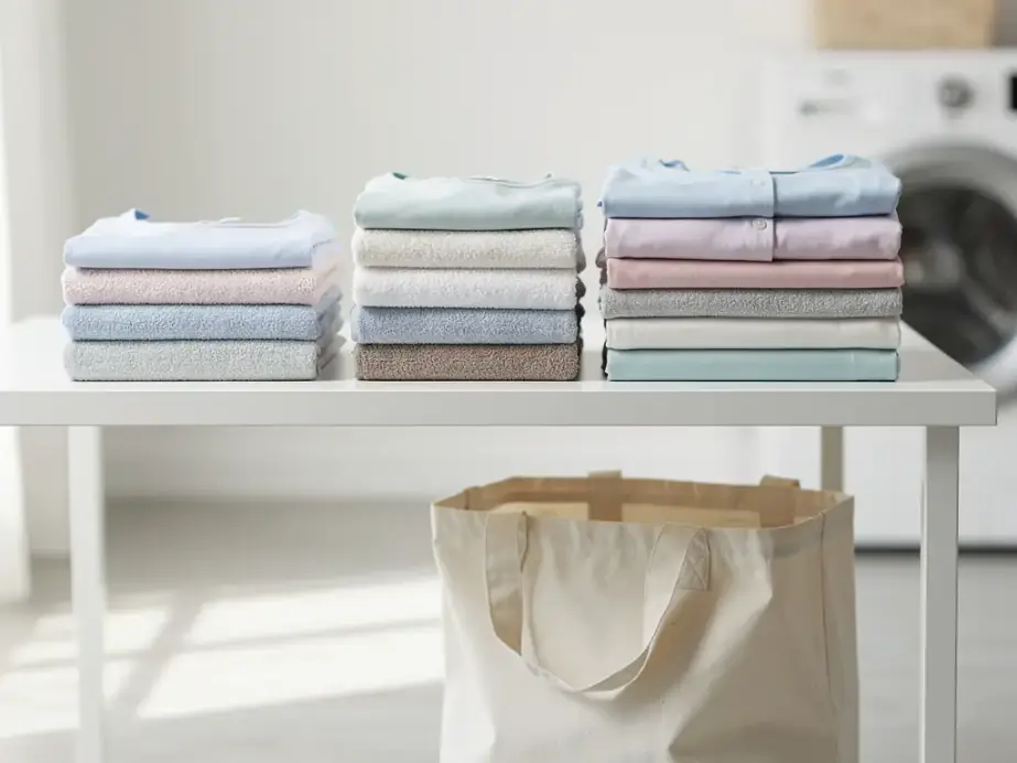 Squared stacks of folded t-shirts, towels and sheets beside a cloth laundry bag