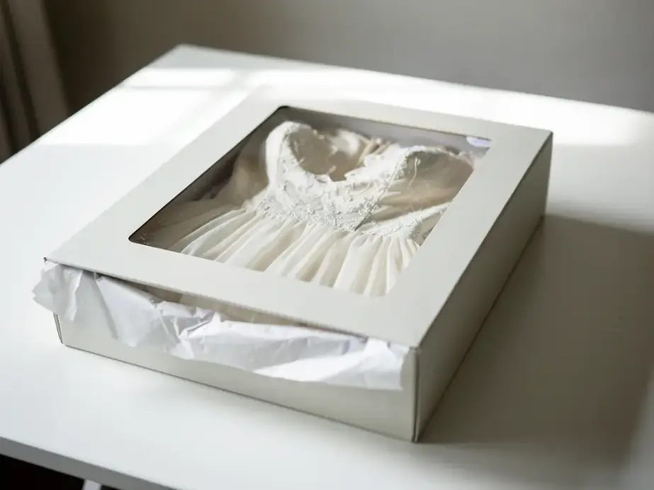 An ivory gown folded in acid-free tissue inside an archival box with a clear viewing window