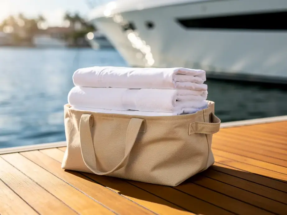 Folded white linens and towels in a canvas tote on a teak dock, a yacht hull behind